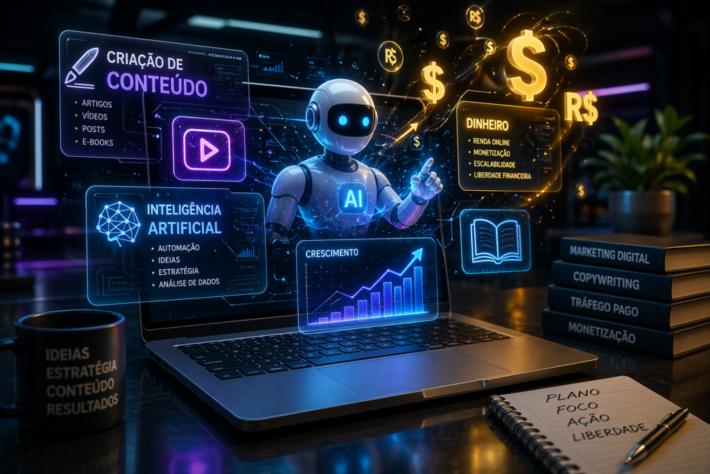 Notebook futurista exibindo ícones de inteligência artificial e moedas de ouro, ilustrando como ganhar dinheiro com ChatGPT.