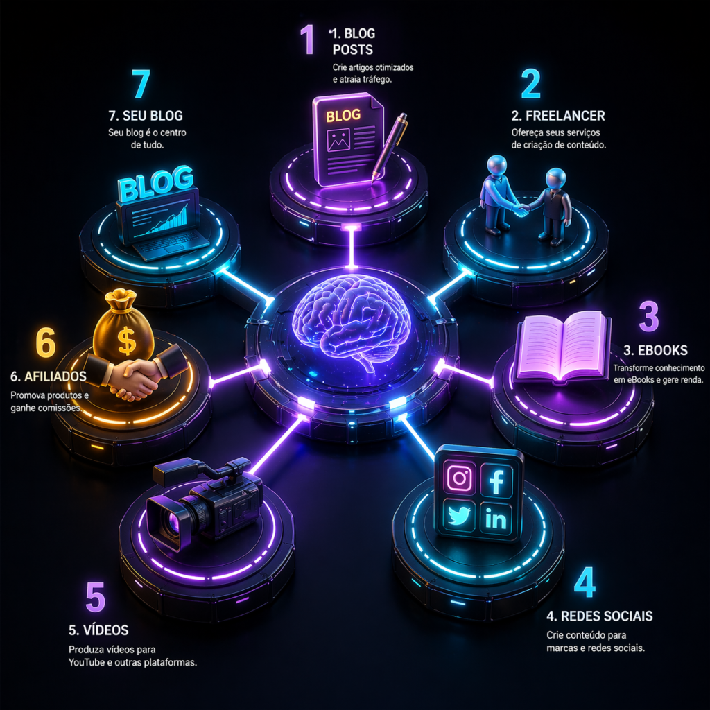 Infográfico resumindo 7 formas reais de ganhar dinheiro com ChatGPT em 2026