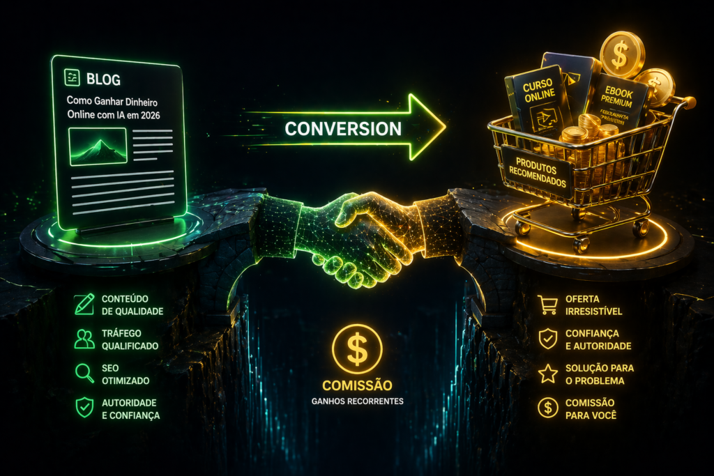 Representação digital de conversão de vendas e comissões de afiliado usando conteúdos criados por inteligência artificial.
