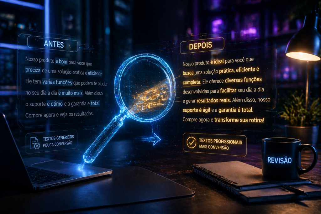 "Uma lupa holográfica brilhante pairando sobre um texto digital e transformando frases genéricas em texto dourado polido, simbolizando como ganhar dinheiro revisando textos com inteligência artificial