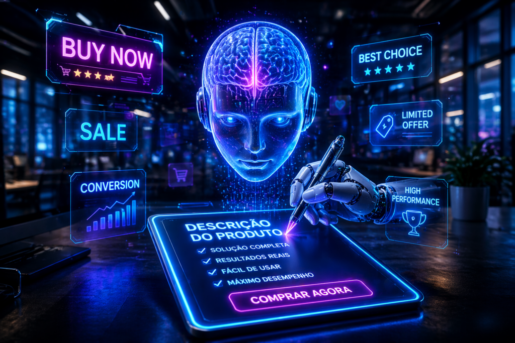 Um cérebro tecnológico de inteligência artificial escrevendo como usar IA para criar descrições de produtos que vendem