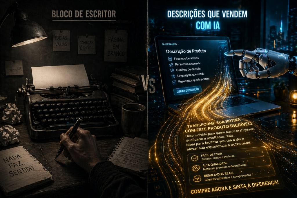 Uma imagem de tela dividida comparando uma mão humana exausta tentando escrever em uma máquina de escrever antiga e um laptop moderno brilhante gerando automaticamente como usar IA para criar descrições de produtos que vendem.