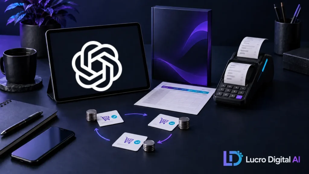Renda passiva com ChatGPT representada por produto digital e vendas recorrentes