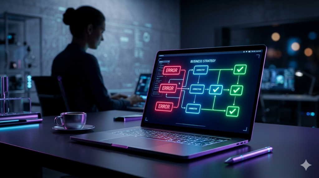 Laptop em ambiente tecnológico corrigindo erros digitais para demonstrar os maiores erros ao tentar ganhar dinheiro com ChatGPT