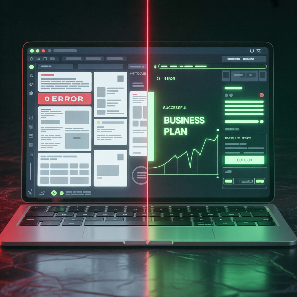 Comparação visual entre uma estratégia digital confusa e um modelo de negócio organizado e lucrativo mostrando Por que você ainda não ganhou dinheiro com IA