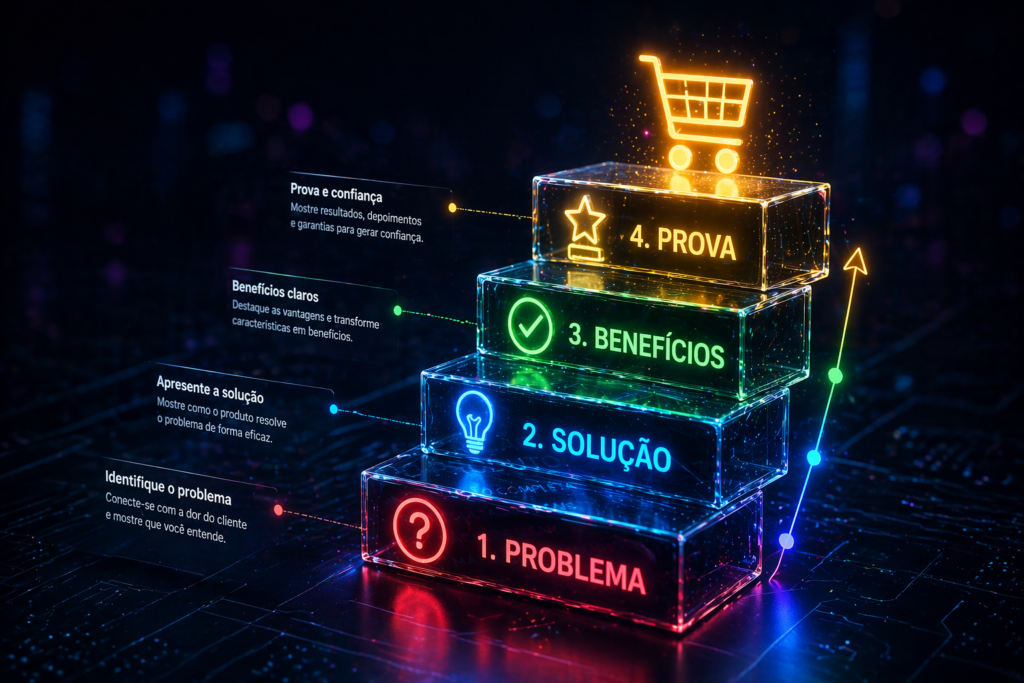 Infográfico 3D mostrando os quatro pilares de uma descrição de produto que vende: problema, solução, benefícios e prova, com ícones modernos em um ambiente tecnológico.
