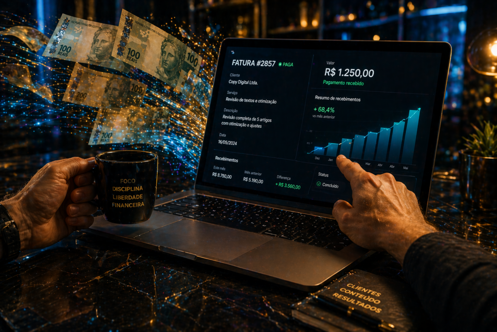 Um laptop moderno mostrando um painel de pagamentos de clientes com notas de Real brasileiro e moedas saindo da tela, simbolizando o lucro ao ganhar dinheiro revisando textos com inteligência artificial.
