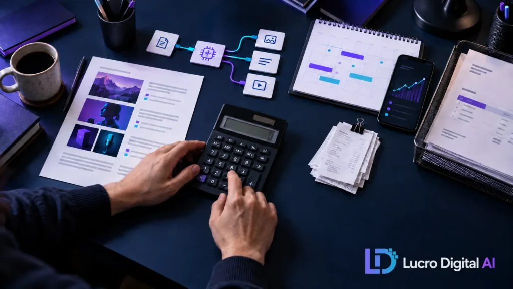 Profissional calculando quanto dá para ganhar com inteligência artificial em diferentes trabalhos Título da mídia: Quanto dá para ganhar com inteligência artificial