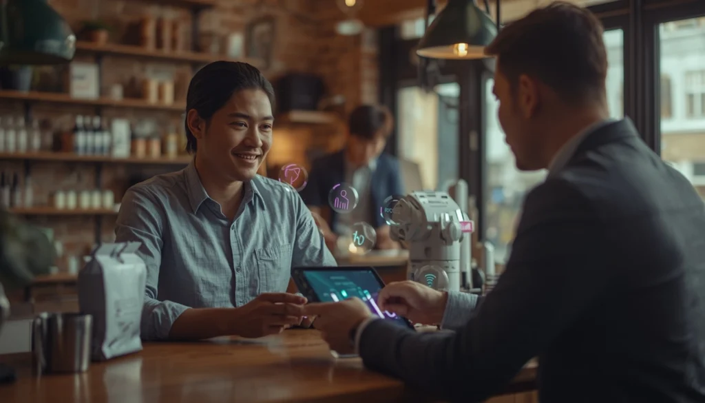 Freelancer apresentando serviços de IA para pequeno negócio local