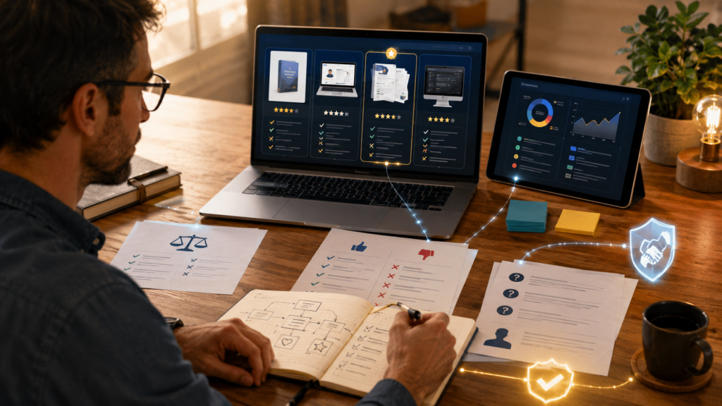 Reviews de produtos digitais com IA sendo analisados de forma honesta antes da recomendação