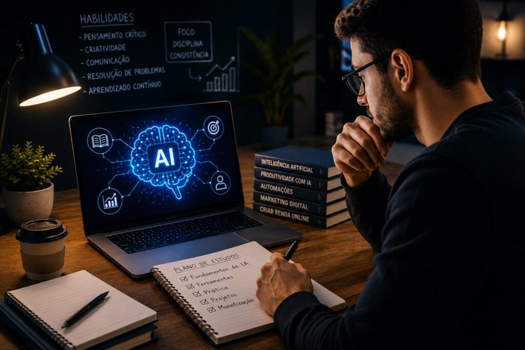 Pessoa estudando inteligência artificial no notebook para aprender sobre IA e encontrar oportunidades de renda nos próximos anos