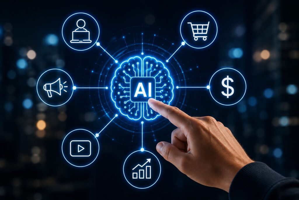 Interface digital com inteligência artificial conectada a ícones de serviços, vendas e oportunidades para aprender sobre IA e gerar renda online