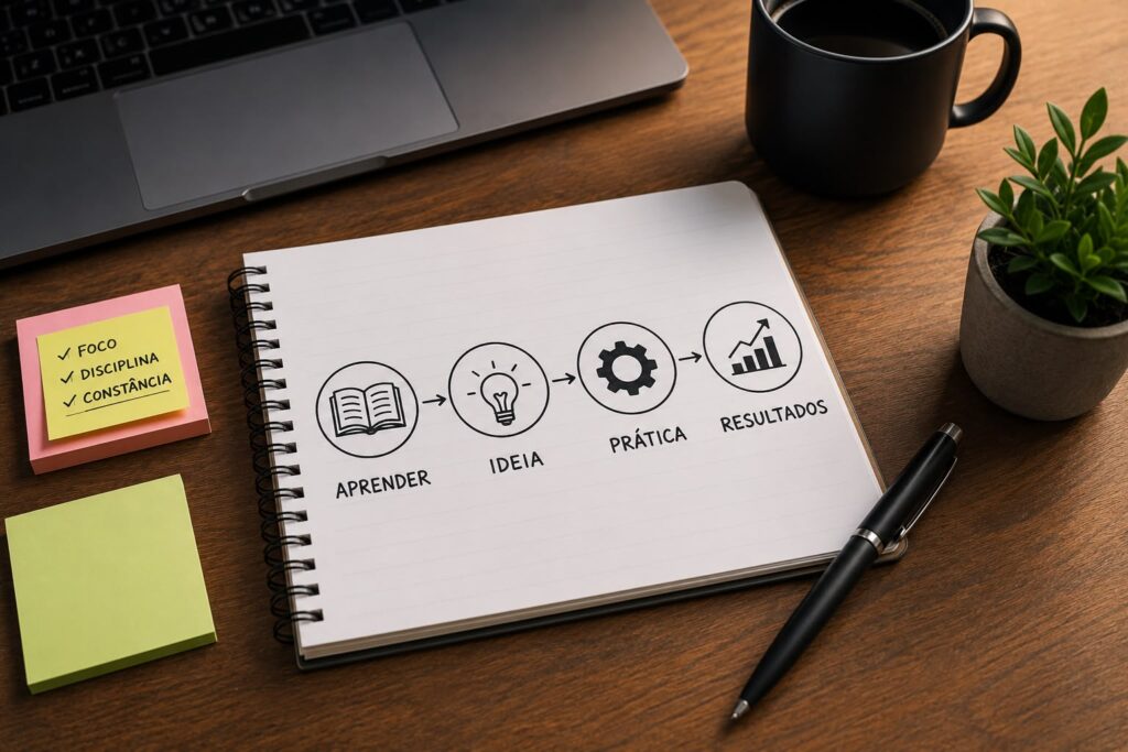 Caderno com trilha de aprendizado mostrando etapas para aprender sobre IA, praticar habilidades e buscar resultados profissionais