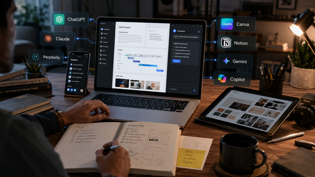 Ferramentas de IA para freelancers criarem propostas, conteúdos, materiais visuais e entregas para clientes