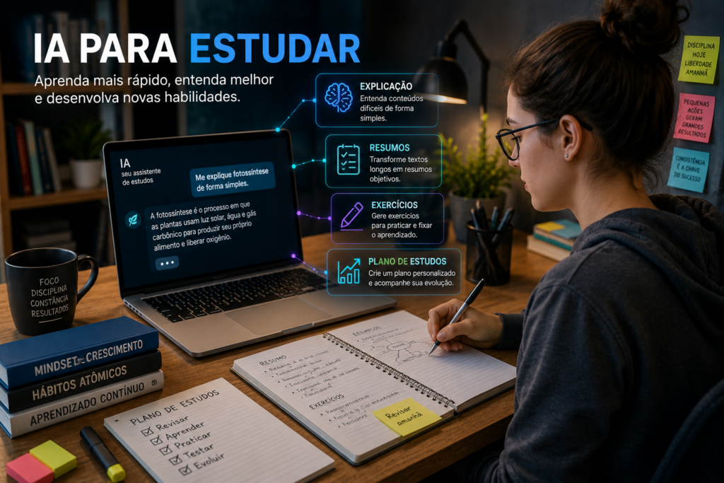 Imagem conceitual sobre IA para estudar, com ambiente moderno de aprendizado, notebook, livros e elementos digitais representando estudo, organização e novas habilidades.