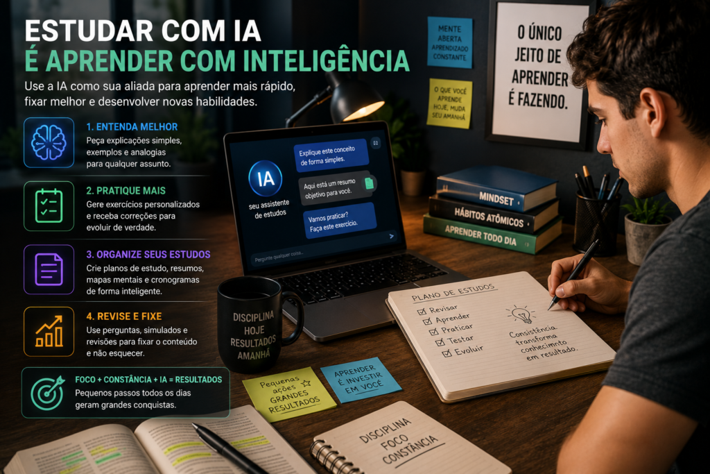 Imagem sobre IA para estudar habilidades digitais que podem gerar renda, com foco em aprendizado, prática, tecnologia, marketing digital e desenvolvimento profissional.