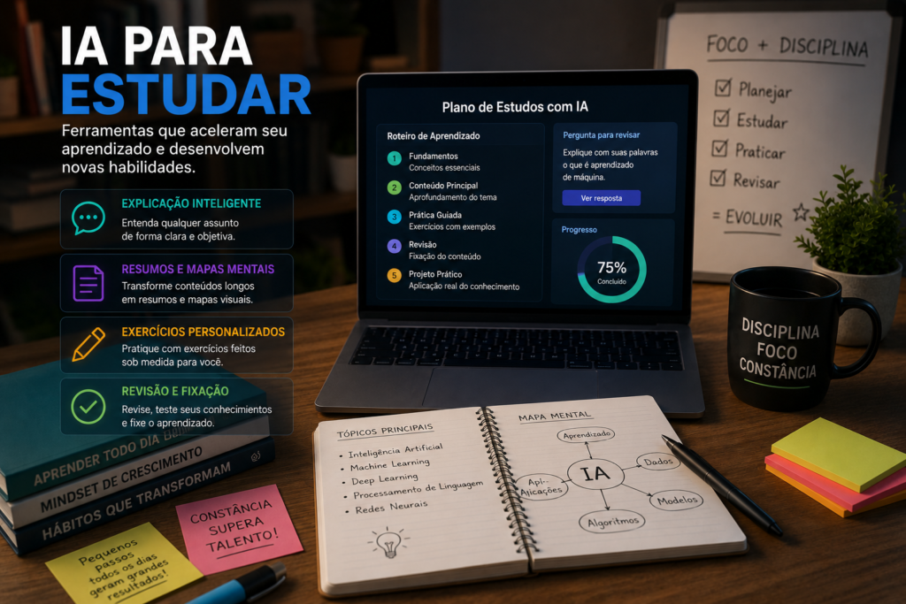 Imagem sobre IA para estudar com plano de estudos, calendário, metas de aprendizado e organização de conteúdos para aprender novas habilidades com mais clareza.