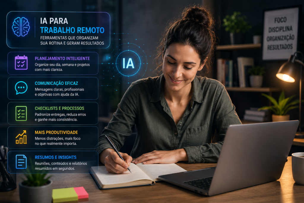 IA para trabalho remoto com ferramentas de planejamento, comunicação, checklists e produtividade em ambiente de home office.