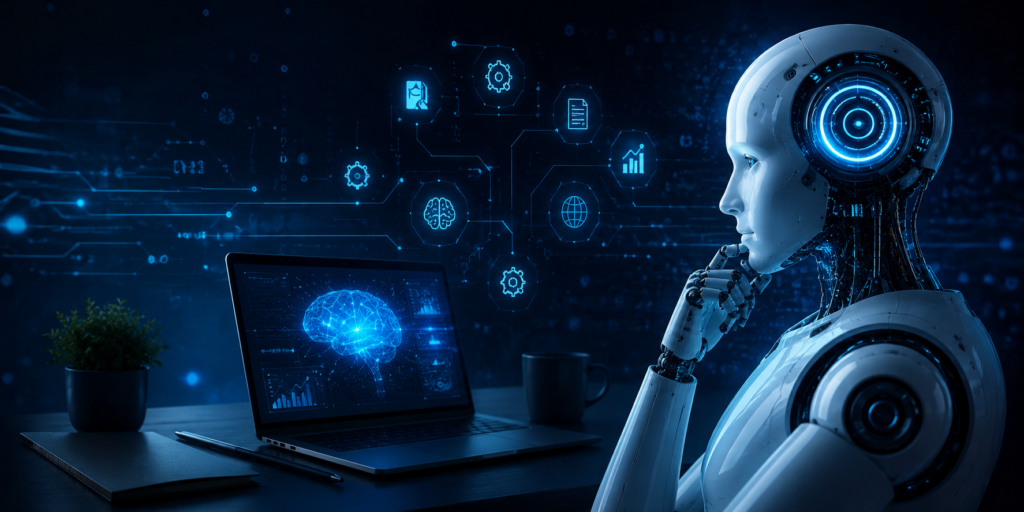 Imagem conceitual de inteligência artificial aplicada ao trabalho remoto, com robô, notebook e elementos digitais representando organização, produtividade e planejamento de tarefas.