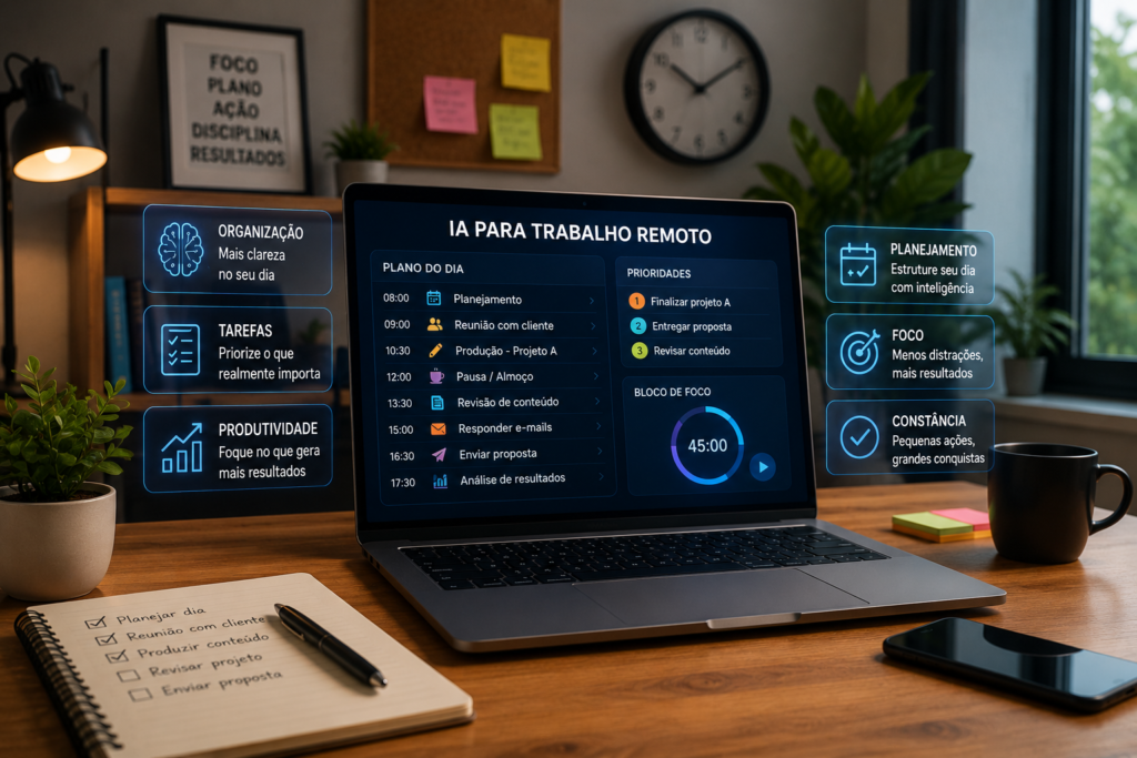 Imagem de um ambiente de home office com notebook exibindo painel de IA para trabalho remoto, planejamento do dia, prioridades, foco e organização de tarefas.