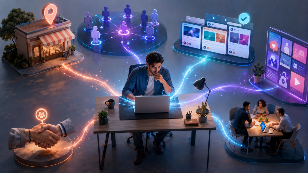 Profissional explorando diferentes canais para encontrar clientes de serviços de inteligência artificial