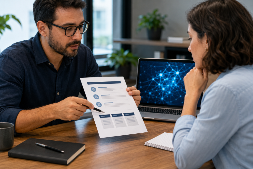 Profissional apresentando proposta de serviços de inteligência artificial a uma cliente
