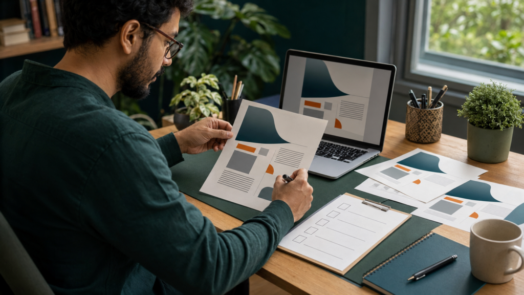 Freelancer revisando uma amostra para validar um serviço de inteligência artificial