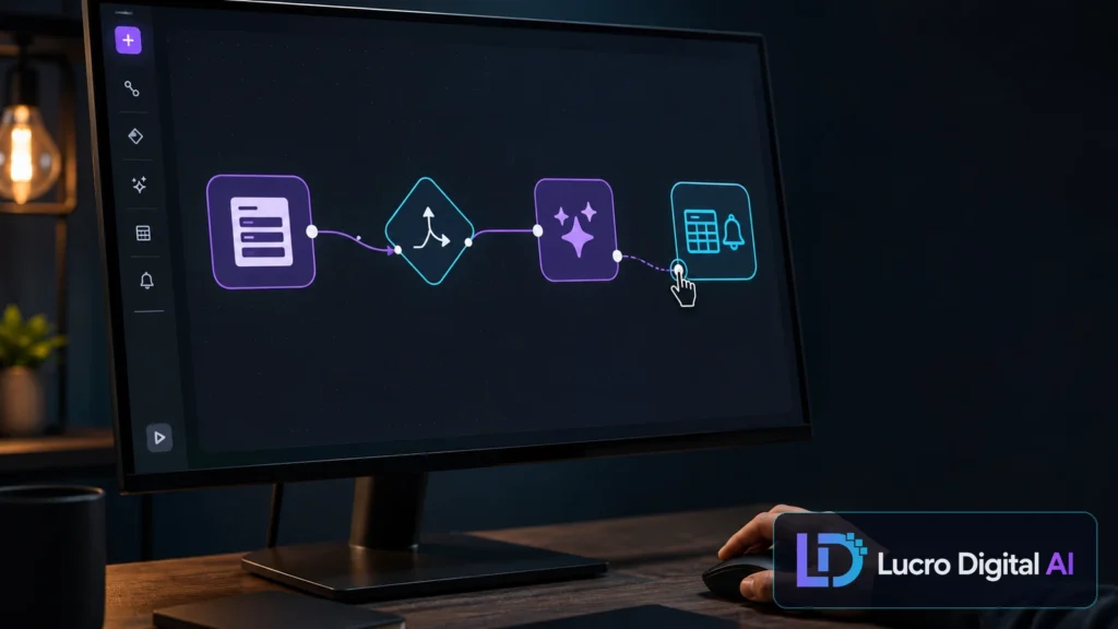 Fluxo visual de automação com IA criado sem código